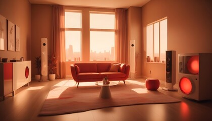 A living room with beige walls, a red couch, a white coffee table, and two large speakers with glowing red lights. The room has a large window with a city skyline view.