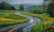 © Igal - A curved country road with bright yellow lines meanders through green fields dotted with yellow wildflowers under an overcast sky.