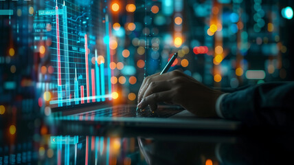 Wall Mural - businessman using laptop with financial graphs, data science concept with digital hologram of graphs