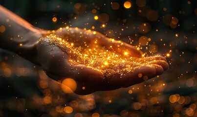 Wall Mural - an outstretched hand is reaching towards floating golden particles against a dark background, symbol