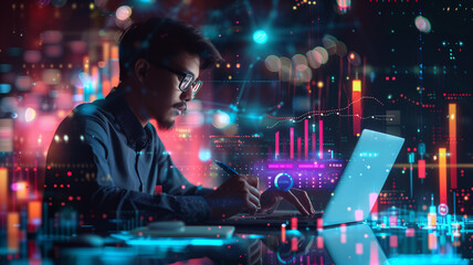 Wall Mural - businessman using laptop with financial graphs, data science concept with digital hologram of graphs