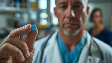 Wall Mural - Close-up of a male doctor showing a blue pill