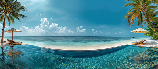 Wall Mural - View of swimming pool and beach area at island resort in Maldives