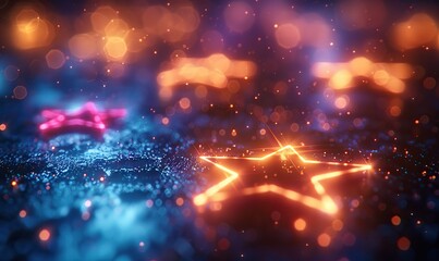 Wall Mural - neon glowing stars in a futuristic colorful digital setting symbolize online ratings, feedback, and 