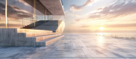 modern, minimalist building exterior with concrete steps and ocean view at sunset. concept of archit