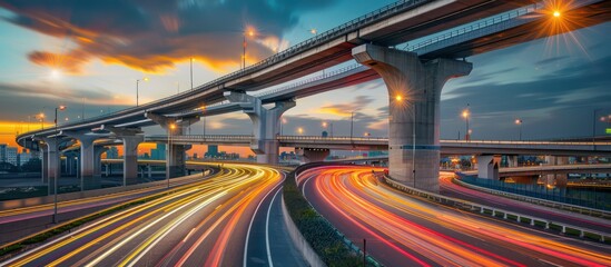 Modern Highway Overpass with Light Trails at Sunset, Urban Transportation and Infrastructure Photography