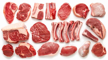 Wall Mural - A variety of meat cuts are displayed on a white background