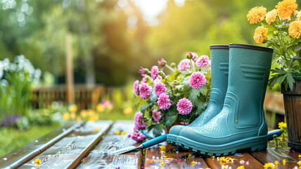 Rubber boots and gardening tools with spring flowers on wooden terrace