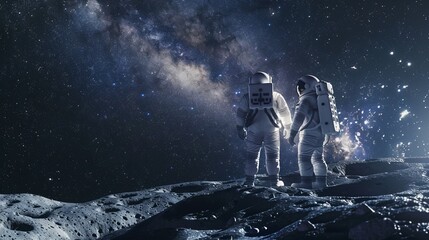Wall Mural - two astronauts stand in awe of a giant, blue, alien creature on a distant planet, with a ringed gas 