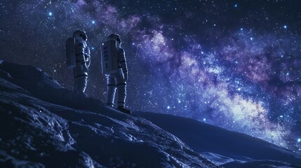 Wall Mural - two astronauts stand in awe of a giant, blue, alien creature on a distant planet, with a ringed gas 