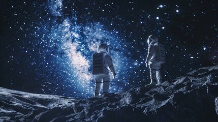 Wall Mural - two astronauts stand in awe of a giant, blue, alien creature on a distant planet, with a ringed gas 