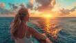 © Gia - Cruise ship tourist woman Caribbean travel vacation banner. Panoramic crop of girl enjoying sunset view from boat deck leaving port of Basseterre, St. Lucia, tropical island.