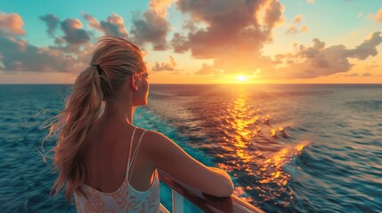 cruise ship tourist woman caribbean travel vacation banner. panoramic crop of girl enjoying sunset v