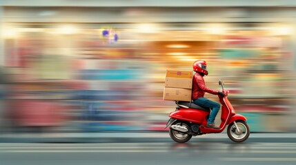 rushing through the city lights: a delivery driver on a red scooter speeds through a bustling city, 