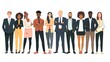 © callmeers - Diverse business people standing in a row of different skin colors, ethnicities and races, full body portrait on white background in flat design style