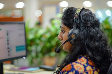 Sticker - A person sitting in front of a computer wearing a headset, suitable for use in office or workspace scenes