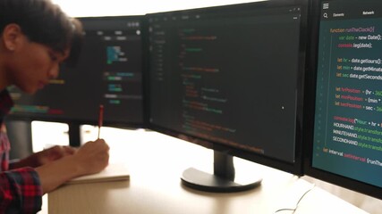 Slow motion back end software developer engineer for computer programming working together on debugging writing computing code, solving complex algorithms display on monitor in office. Burgeoning