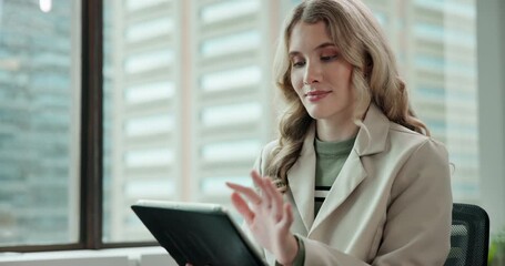 Poster - Business woman, tablet and scrolling on app for communication, news article or information in company. Female person, tech and connection in modern office, network and reading on website or online