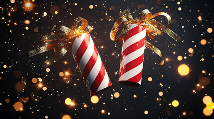 3D illustration of two striped red and white lit firecrackers with golden ribbons flying in the air