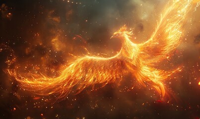 Wall Mural - a fire bird phoenix rises from the ashes against a dark backdrop, symbolizing rebirth and renewal.
