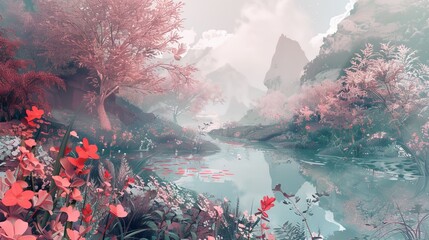 Wall Mural - A surreal landscape with floating mountains