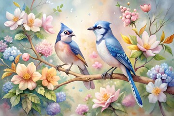 This is a lovely watercolor illustration featuring two birds surrounded by delicate flowers and leaves, all set against a soft, pastel background. The birds appear to be a Blue Jay and a Robin, each 