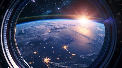 Wall Mural - spaceship futuristic interior with view on planet earth