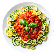 Poster - Plate of Zucchini Noodles with Tomato Sauce Isolated on a Transparent Background 