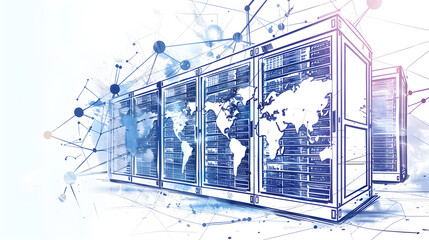 Wall Mural - a computer server room with a blue background and a drawing of the world