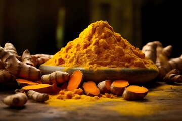 Wall Mural - Turmeric powder in a bowl and turmeric roots