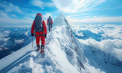 Two climbers in red gear, having reached the snowy peak of a mountain, symbolize achievement, success, and determination against a clear blue sky adorned with scattered clouds.