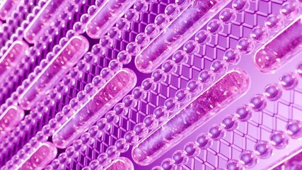 Wall Mural - 3d abstract animated background of seamless glassy pattern with different shapes on purple backdrop
