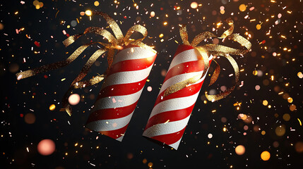 3D illustration of two striped red and white lit firecrackers with golden ribbons flying in the air