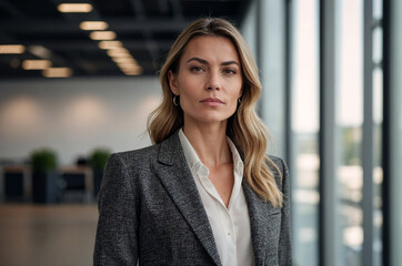 Portrait of a Belgian woman in a Business Casual suit standing against a bokeh minimalist modern office space background