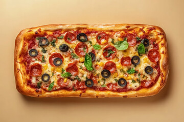 appetizing large pizza with diverse toppings on beige backdrop