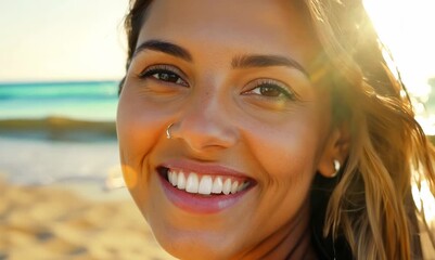 Wall Mural - Close up portrait of a happy young woman smiling at camera on the beach