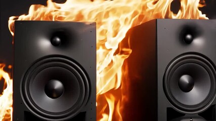 Poster - Two large speakers engulfed in flames create a dramatic backdrop during an intense music performance at night.