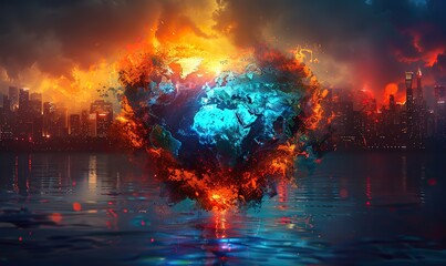 Wall Mural - a vibrant digital representation of earth in the shape of a heart symbolizes love and global unity, 