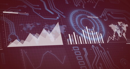 Sticker - Graphs and charts over digital image of circuit board and world map