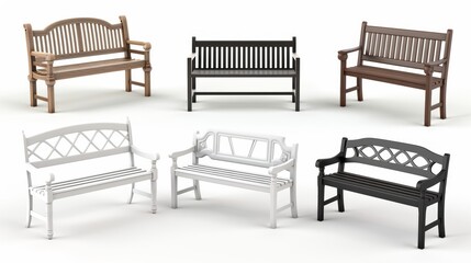 Poster - A row of benches are shown in various colors, including white, black, and brown