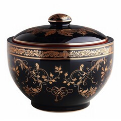 Elegant black porcelain bowl with intricate gold floral designs, perfect for home decor or serving.