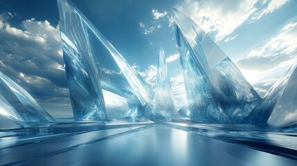 Wall Mural - futuristic abstract landscape with metallic spikes and glowing lines in silver and blue 3d render hi