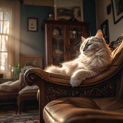 a fluffy white cat lounging on a vintage armchair