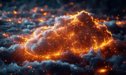 Wall Mural - a digital cloud surrounded by a network of orange lights symbolizes cloud computing and the connecti