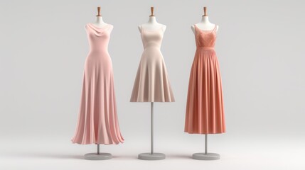 Canvas Print - Three dresses are displayed on mannequins, with the first dress being pink