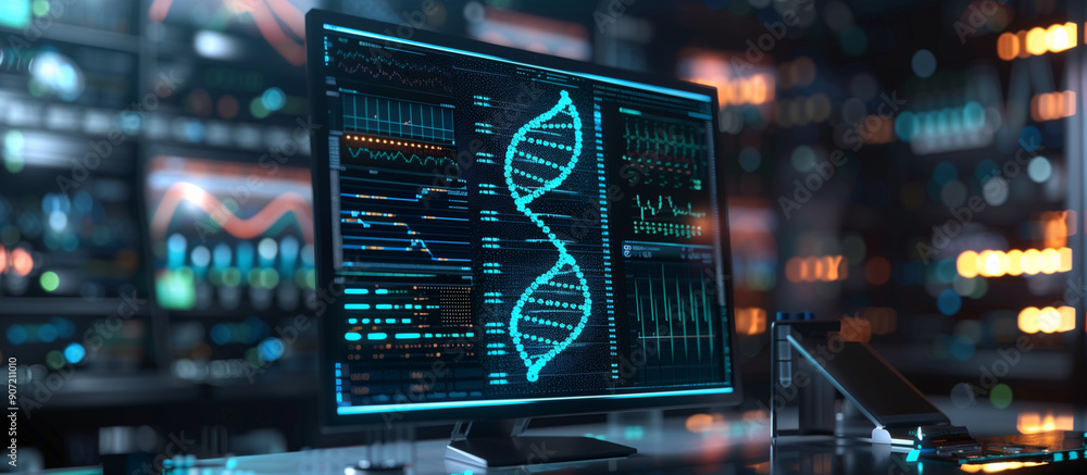 Digital screen with DNA double helix on desktop display in ...