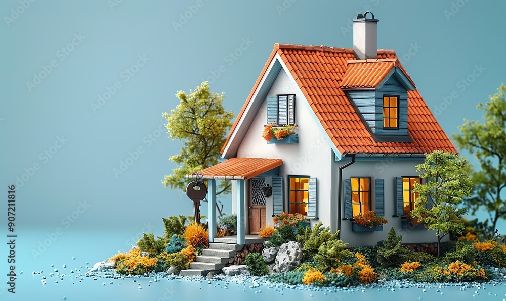 A small house model accompanied by a key on a light blue background ...
