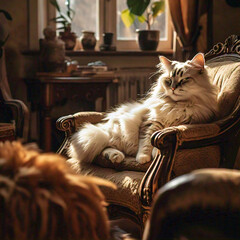 A fluffy white cat lounging on a vintage armchair