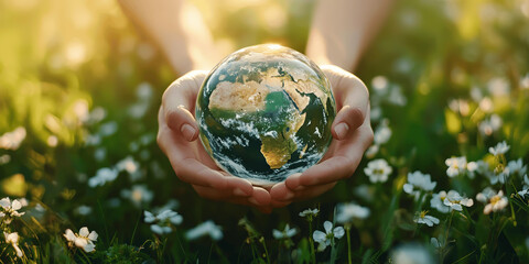 Woman hand holding earth, save planet, earth day, sustainable living, ecology environment, climate emergency action, world environment day concept, illustration for global warming content