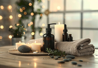 Wall Mural - Beautiful composition with different spa products on table against blurred lights, closeup